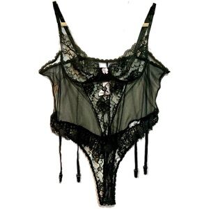 VINTAGE 80s black lace‎ nylon lingerie negligee teddy teddie garters plus size